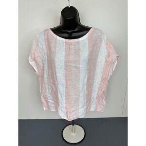 C&C California Top Womens Medium Pink Striped 100% Linen Button Back Blouse